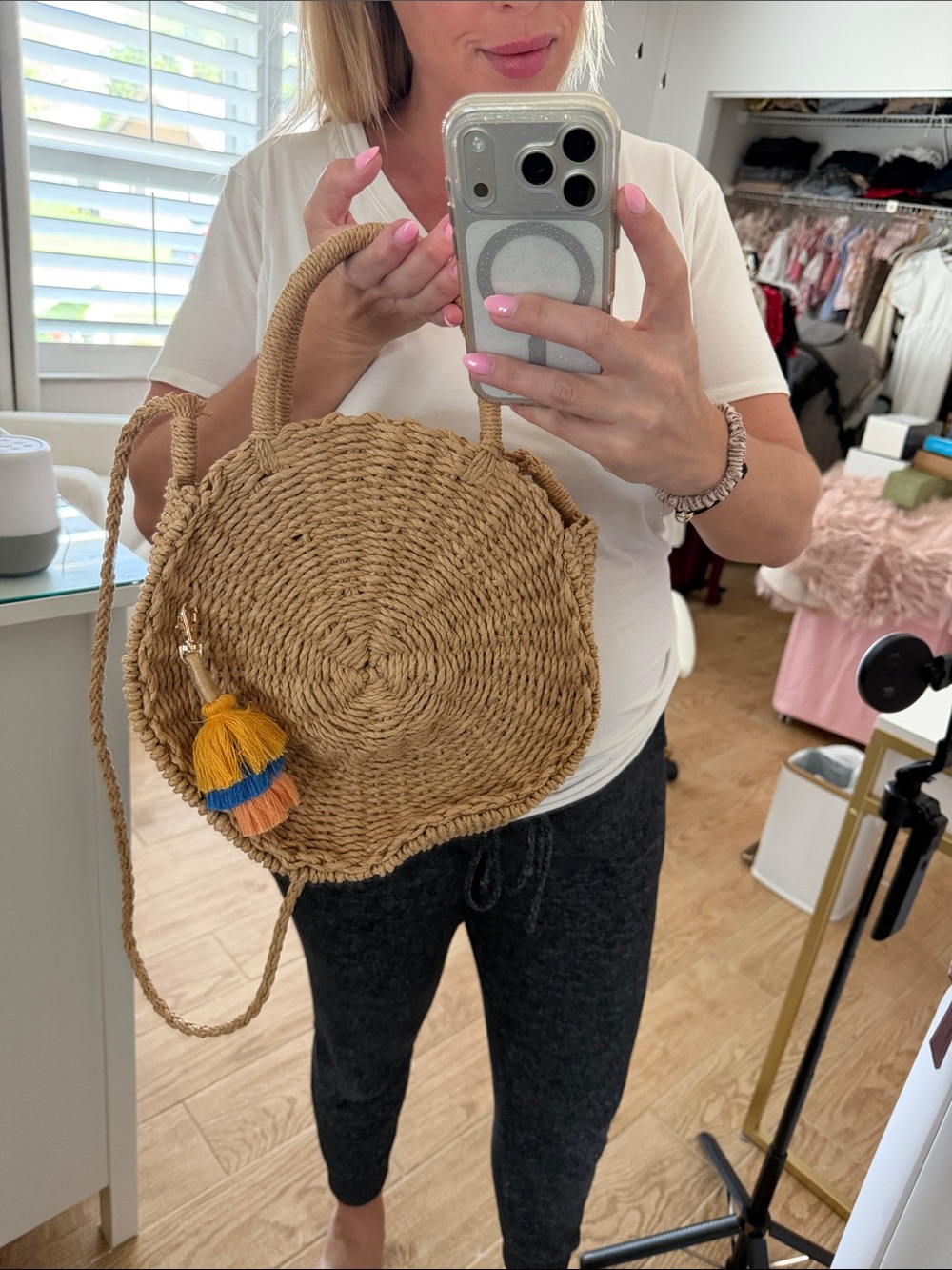 Round Woven Crossbody Bag with Colorful Tassel - Natural